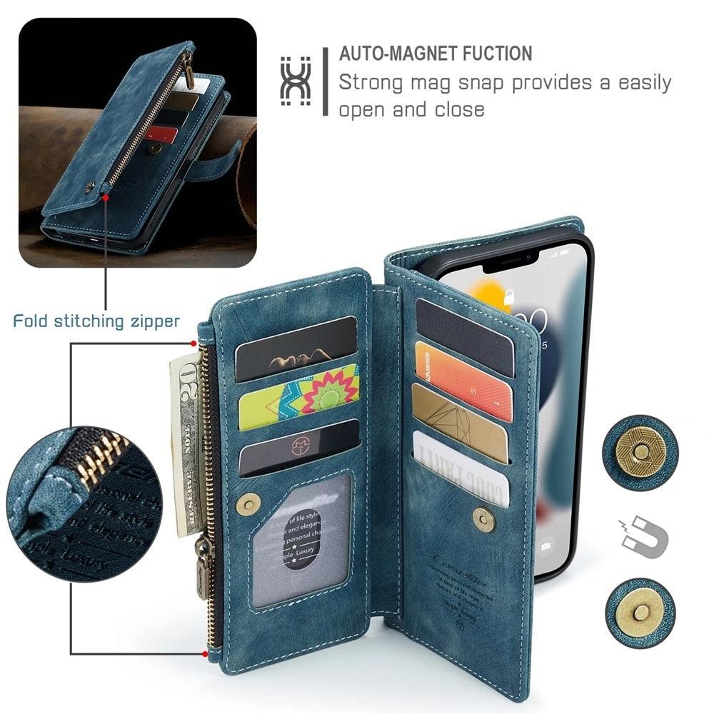 Vintage Card Holder Leather Wallet Case for iPhone 11 12 13 14 Pro Max Mini XR XS Max 8 7 6s Plus SE Storage Pocket Cover Flip Case PU Leather Protective Case With Magnetic Closure