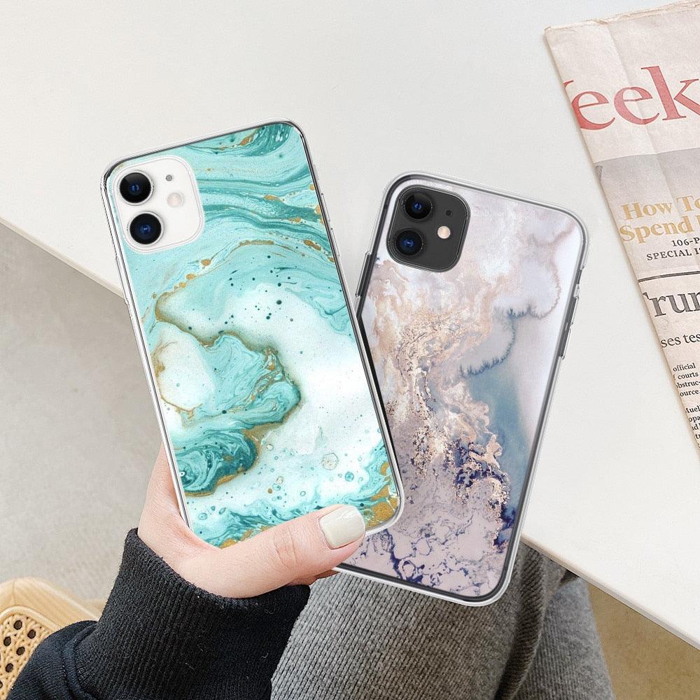 Fashion Marble Pattern Phone Case For iPhone 13 12 11 Pro Max 7 8 6 6S Plus X XR XS Max 12Mini 5 5S SE Cute Soft TPU Cover Full Body Protection with Raised Bezel