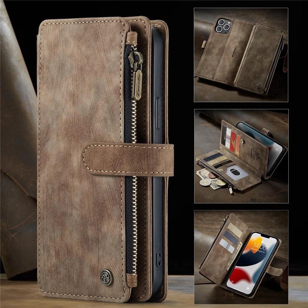 Vintage Card Holder Leather Wallet Case for iPhone 11 12 13 14 Pro Max Mini XR XS Max 8 7 6s Plus SE Storage Pocket Cover Flip Case PU Leather Protective Case With Magnetic Closure