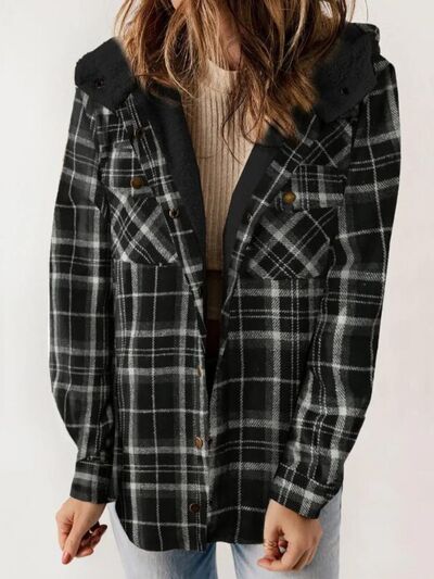 Plaid Snap Down Plush Hooded Jacket Soft & Warm Women Outerwear Cozy And Comfortable Jacket