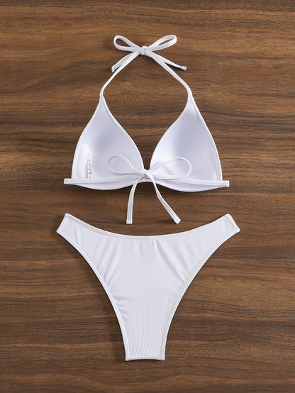 Bikini Rib Knit Solid Color Triangle 2 Piece Swimsuit for Women – Adjustable Tie Back Halter Bikini Set with Spaghetti Straps – High Stretch Polyester Swimwear for Summer Beachwear Poolside Relaxation and Tropical Vacation