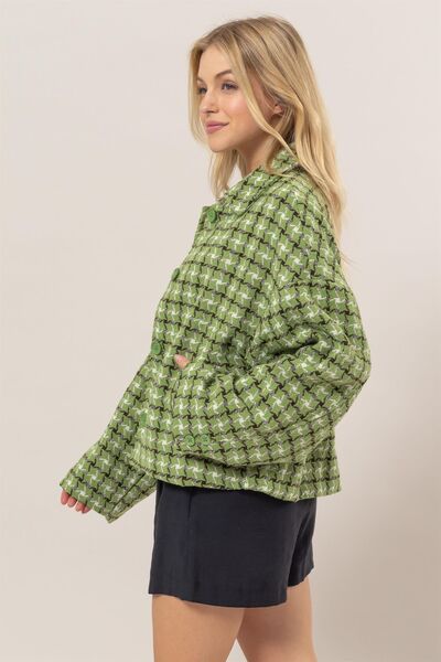 Cute Green Tweed Plaid Button Up Collared Neck Jacket Classic & Elegant Layering Piece Everyday Jacket