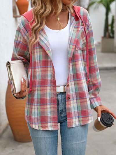 Plaid Buttoned Long Sleeve Hooded Jacket for Women – Cozy & Stylish Cotton-Blend Outerwear