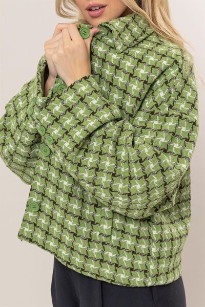 Cute Green Tweed Plaid Button Up Collared Neck Jacket Classic & Elegant Layering Piece Everyday Jacket