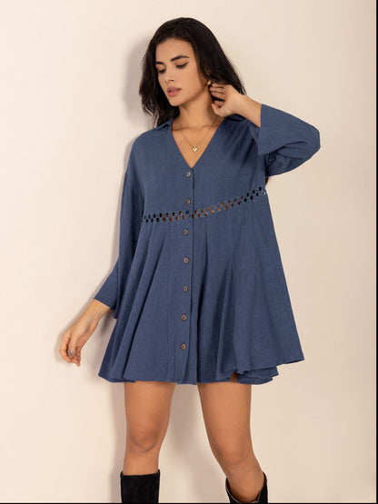 Dusty Blue Long Sleeve Mini Dress Elegant Cutout & Buttoned Design Lightweight Women Dress