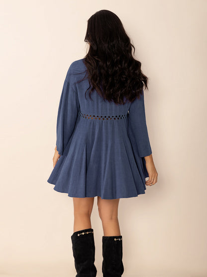 Dusty Blue Long Sleeve Mini Dress Elegant Cutout & Buttoned Design Lightweight Women Dress