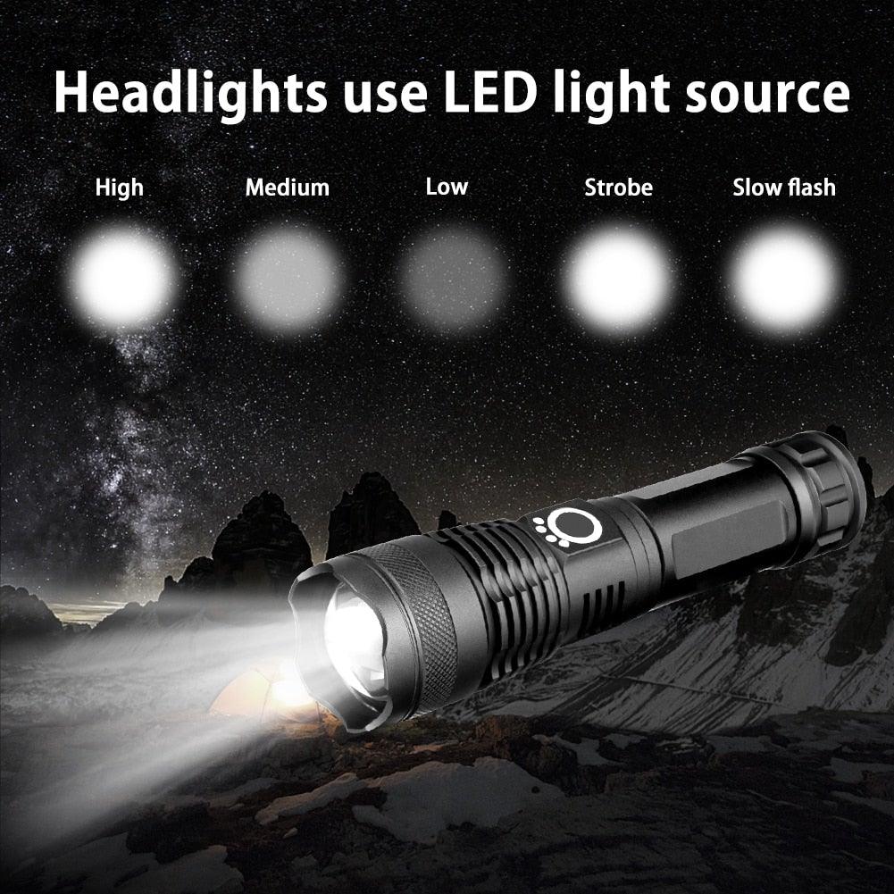 Adjustable Rechargeable Powerful Zoomable LED USB Flashlights High Lumens Powerful Tactical  Waterproof Super Bright  Flashlights Best For Camping Outdoor Hiking Running Riding