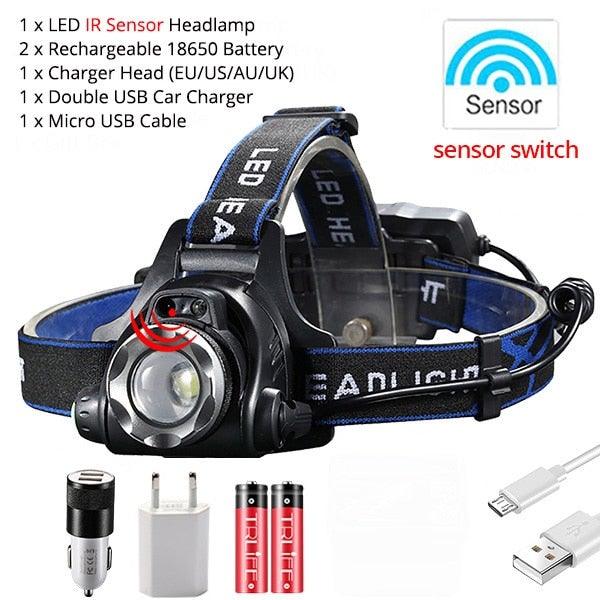 Adjustable USB Rechargeable IR Sensor Super Bright Headlight Battery For Long Working Time LED Headlamp Fishing  Waterproof Head Light Lamp Perfect For Running  Camping