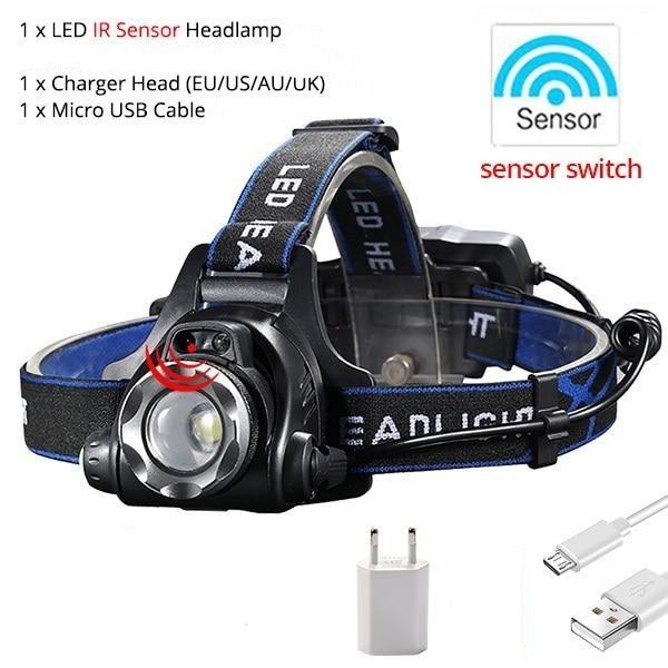 Adjustable USB Rechargeable IR Sensor Super Bright Headlight Battery For Long Working Time LED Headlamp Fishing  Waterproof Head Light Lamp Perfect For Running  Camping