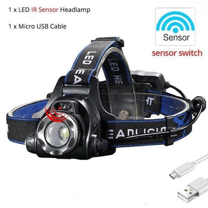 Adjustable USB Rechargeable IR Sensor Super Bright Headlight Battery For Long Working Time LED Headlamp Fishing  Waterproof Head Light Lamp Perfect For Running  Camping