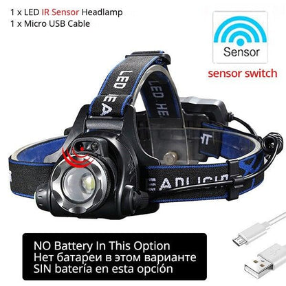 Adjustable USB Rechargeable IR Sensor Super Bright Headlight Battery For Long Working Time LED Headlamp Fishing  Waterproof Head Light Lamp Perfect For Running  Camping