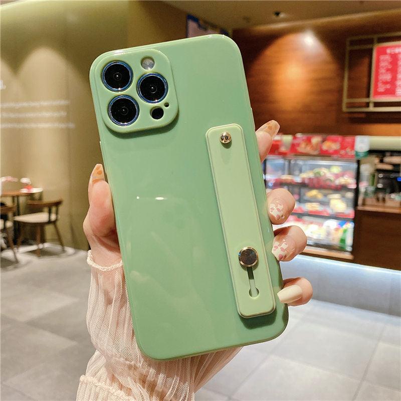 Adjustable Wrist Strap Stand Holder Case with Camera Protection Cute Solid Color Silicone Phone Case Phone Case For iPhone 13 14 Pro Max 12 11 XS Max XR 7 8 Plus 13Pro Soft Silicone Candy Color Back Cover