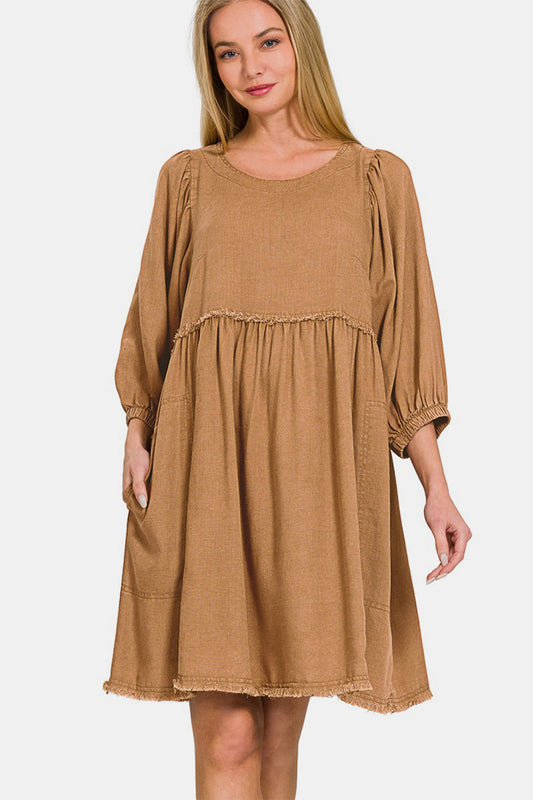 Washed Linen Pleated Puff Sleeve Babydoll Dress – Linen Babydoll Dress, Puff Sleeve Dress, Pleated Babydoll Dress, Casual Babydoll Dress, Elegant Puff Sleeve Dress, Comfortable Linen Dress, Warm Weather Dress