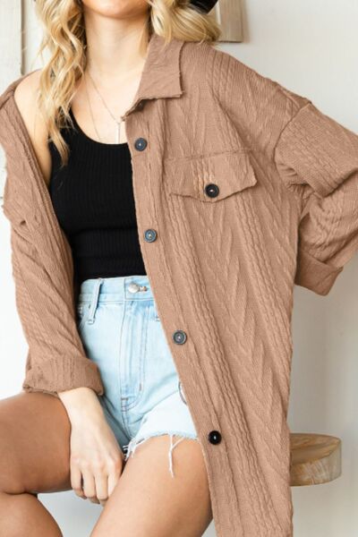 Retro Camel Full Size Drop Shoulder Jacket With Button-Up Design Women Jacket