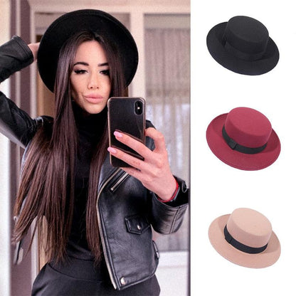 Autumn Winter Polyester Flat Top Hat For Women's Luxury Wide Fedora Hat Jazz Cap Classic Wide Hat Women Comfortable Elegant Hat For Summer Classic Design