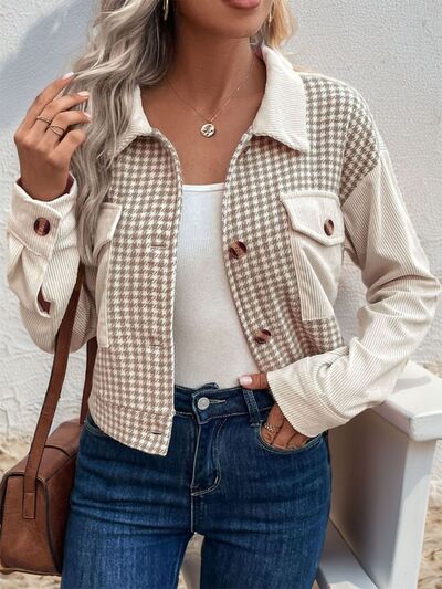 Women's Houndstooth Button-Up Long Sleeve Jacket – Chic & Pocketed Lightweight Outerwear