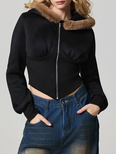 Black Fuzzy Hem Hooded Zip-Up Jacket With Long Sleeves and Casual Style Jacket