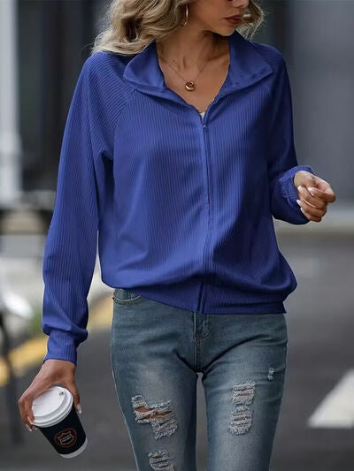 Simple White Zip Up Collared Neck Raglan Sleeve Jacket Comfortable Versatile Casual Women Wear