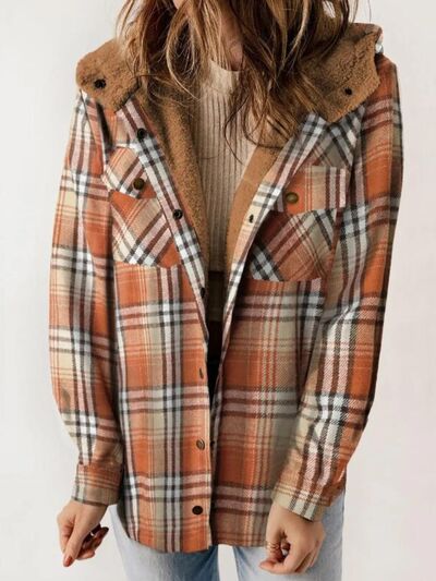 Plaid Snap Down Plush Hooded Jacket Soft & Warm Women Outerwear Cozy And Comfortable Jacket