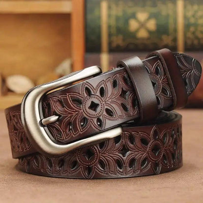 Beautiful Vintage White Genuine Leather Belts With Pin Buckle Strap Floral Design Classic Ladies Waistbands