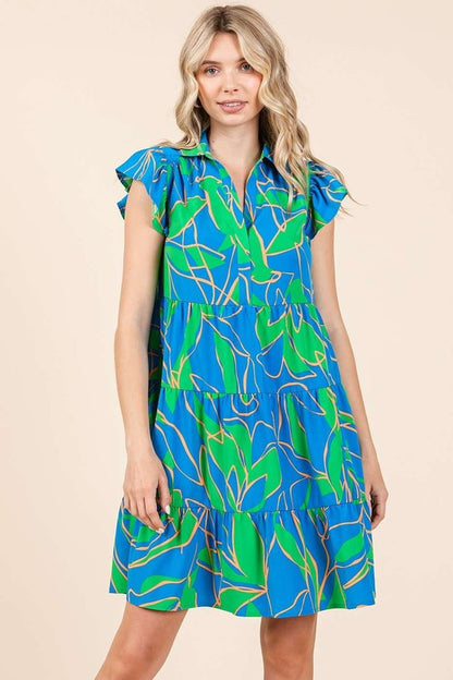 New Summer Leaf Print Ruffle Sleeve Tiered Mini Dress – Fluttering, Fresh and Playful Leaf Pattern with Feminine Ruffle Sleeves