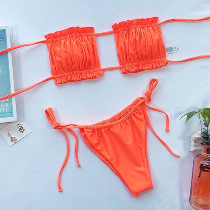 Bikini  Pleated Swimsuit Female Swimwear Women's  Ruffle Tie Side Bikini Set High Cut Strapless Padded Solid Bathing Suit Women Mini Thong Bikini Set Bather Swimming Beachwear For Bathing Suit
