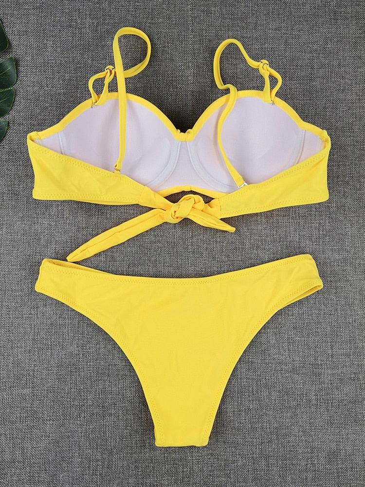 Bikini Sets Solid Color Swimsuit  Mid-Waist  Gather Cup Bikinis Women Swimwear Female Bathing Suits Beach wear  Two Piece Swimsuits Triangle Bikini swimsuits for Women