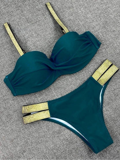 Bikini Sets Solid Color Swimsuit  Mid-Waist  Gather Cup Bikinis Women Swimwear Female Bathing Suits Beach wear  Two Piece Swimsuits Triangle Bikini swimsuits for Women
