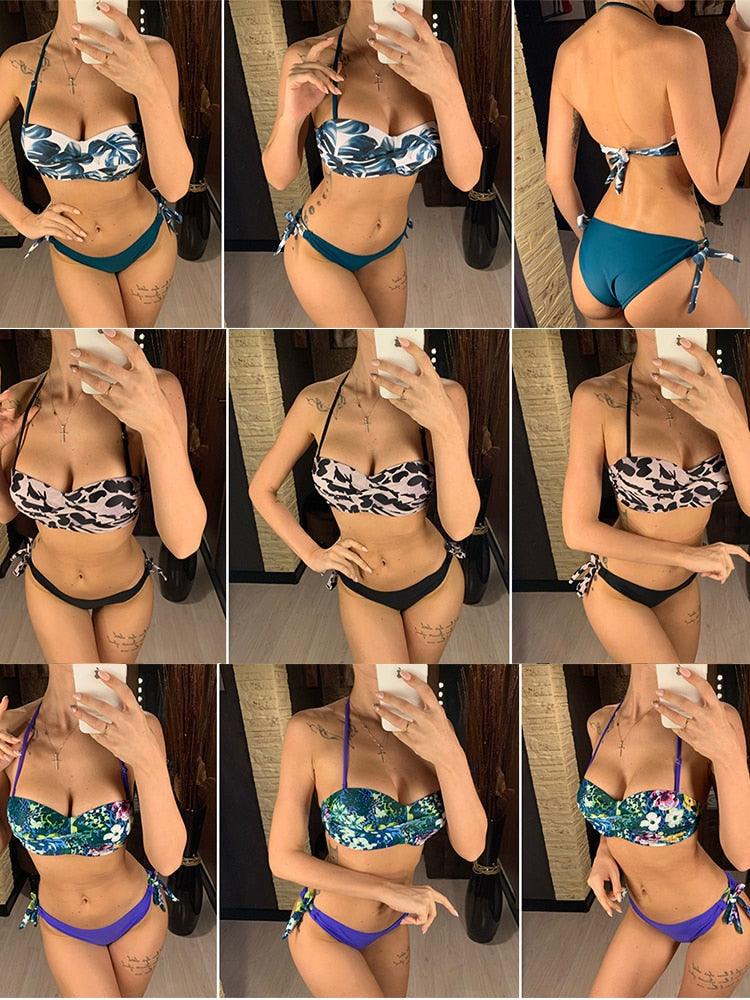 Bikini Sets Solid Color Swimsuit  Mid-Waist  Gather Cup Bikinis Women Swimwear Female Bathing Suits Beach wear  Two Piece Swimsuits Triangle Bikini swimsuits for Women