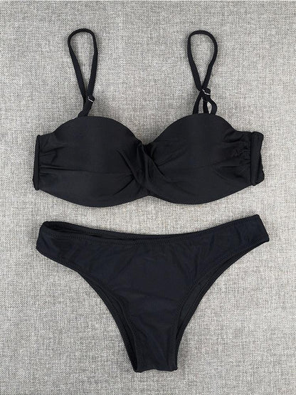 Bikini Sets Solid Color Swimsuit  Mid-Waist  Gather Cup Bikinis Women Swimwear Female Bathing Suits Beach wear  Two Piece Swimsuits Triangle Bikini swimsuits for Women