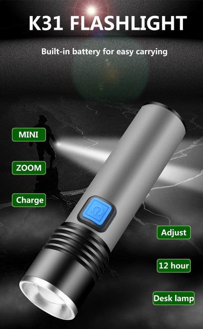 Built in battery XP-G Q5 Zoom Focus Mini led Flashlight Torch Lamp Lantern 2000 Lumen Adjustable Penlight Waterproof T6 light  Focus IP65 Water-Resistant Portable for Indoor and Outdoor Camping Hiking