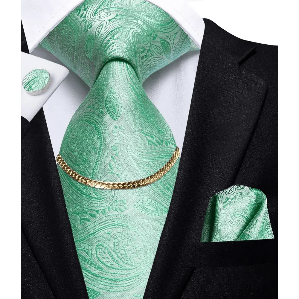 Business Black Silk Necktie Chain Classic Tie Square Handkerchief Elegant Cufflink Wedding Formal Neckties For Men