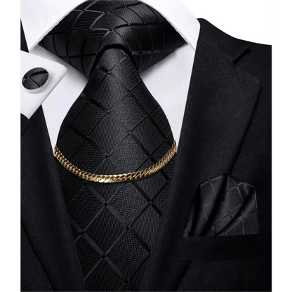 Business Black Silk Necktie Chain Classic Tie Square Handkerchief Elegant Cufflink Wedding Formal Neckties For Men