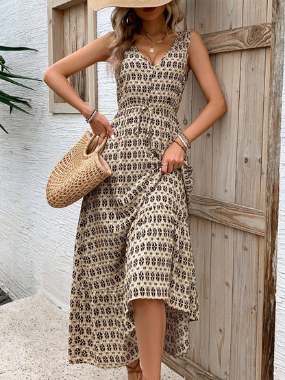 Vintage Printed V-Neck Tie Waist Midi Dress Lightweight Trendy & Elegant Dress for Women