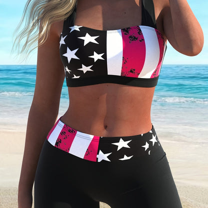 Bikini American Flag Print 2 Piece Criss Cross Halter Swimsuit for Women – High Stretch Patriotic Bikini Set with Ring Knot Back and Boxer Shorts Bottoms – Comfortable Summer Swimwear for Beach Pool and 4th of July Celebrations