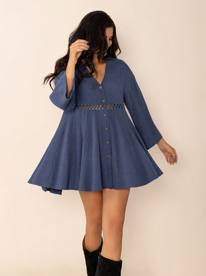 Dusty Blue Long Sleeve Mini Dress Elegant Cutout & Buttoned Design Lightweight Women Dress