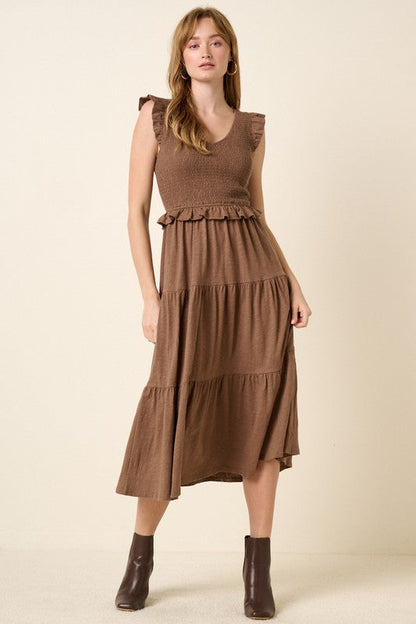 Smocked Ruffled Tiered Midi Dress For Women – Feminine, Romantic & Elegant Boho Chic Dress for Special Occasions