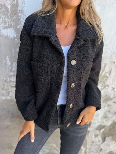Comfortable Modern Women Full Size Fuzzy Button-Up Jacket with Drop Shoulder and Pockets