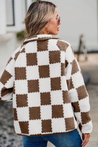 Elegant Checkered Snap Down Long Sleeve Teddy Jacket Soft & Warm Colorful Jacket