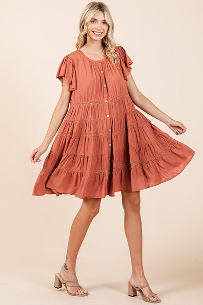 Lace Detail Ruffled Button Down Tiered Dress For Women – Romantic, Fluttering, Trendy, Elegant, Boho, Feminine & Whimsical Style