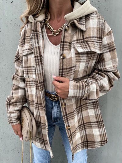 Vintage Retro Style Women Camel Plaid Button Up Jacket with Removable Hood Classic & Cozy Everyday Wear