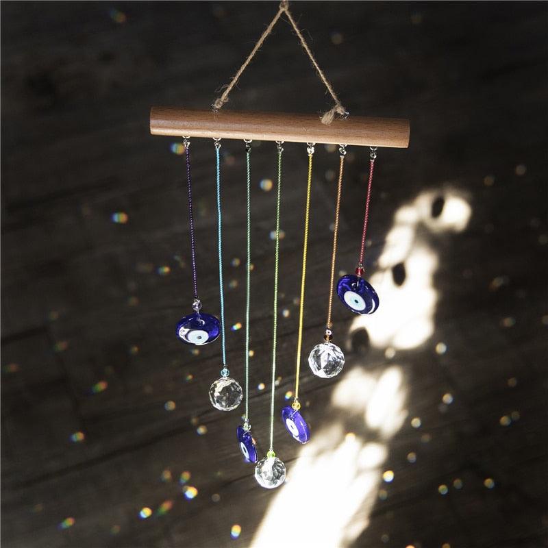 Chakra Energy Clear Crystal Ball Sun-catcher Turkish Window Prisms Blue Evil Eye Light Catching Wind Chimes For Office Decor Home Garden Hanging Decoration Showpiece Lucky Gift
