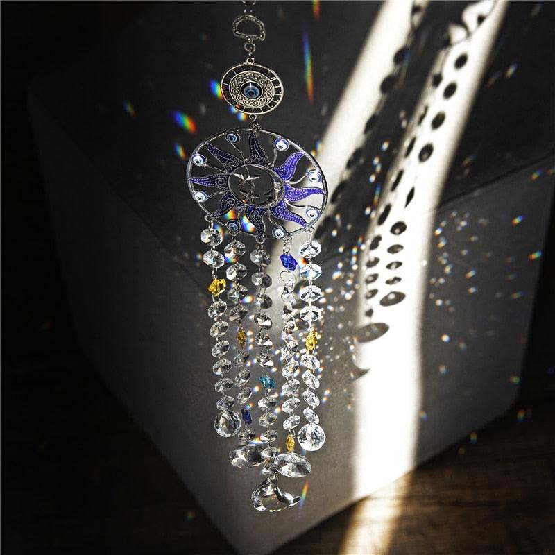 Chandelier Wind Chimes Turkish Blue Evil Eye Moon Sun Star Sun-catcher Rainbow Maker Wind Chimes Wall Hanging Crystal Prisms Hanging Pendant Home Decor Gifts Blessing Protection Decoration