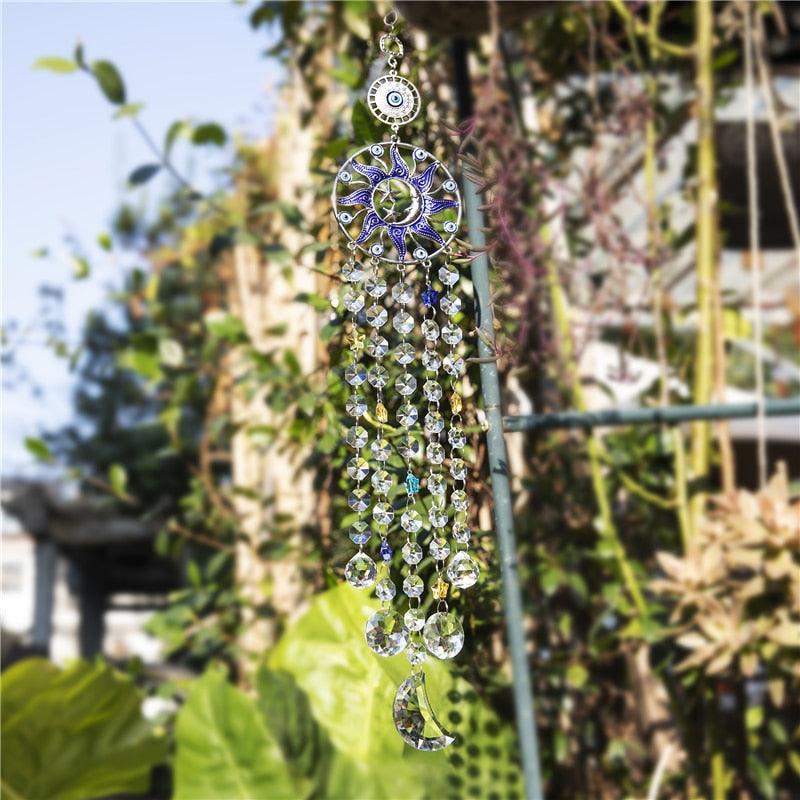 Chandelier Wind Chimes Turkish Blue Evil Eye Moon Sun Star Sun-catcher Rainbow Maker Wind Chimes Wall Hanging Crystal Prisms Hanging Pendant Home Decor Gifts Blessing Protection Decoration