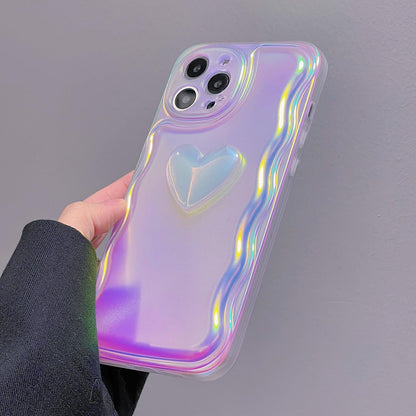 Charming Heart Wavy Case For iPhone 11 12 13 14 Pro Max XS Max XR X Holographic Rainbow Soft Air Cushion Shockproof Cover Reflection Purple Pink Case for iPhone Gradient Back Cover