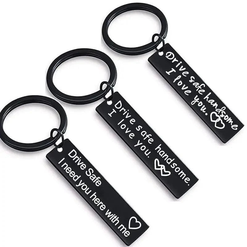 Cute Black Stainless Steel Charm Couple Drive Safe Keychain Gift for Boyfriend & Girlfriend