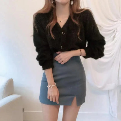 Cute Kitty Chic Fashionable V-Neck Single Breasted Mink Short Knitted Sweaters Outerwear For Women Autumn Long Sleeve Sweater Coat