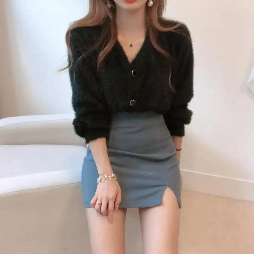 Cute Kitty Chic Fashionable V-Neck Single Breasted Mink Short Knitted Sweaters Outerwear For Women Autumn Long Sleeve Sweater Coat