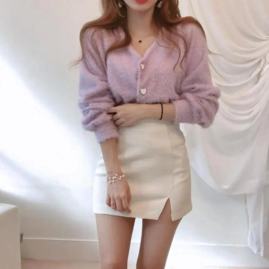 Cute Kitty Chic Fashionable V-Neck Single Breasted Mink Short Knitted Sweaters Outerwear For Women Autumn Long Sleeve Sweater Coat