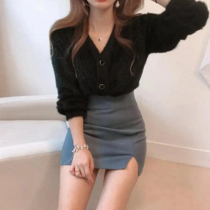 Cute Kitty Chic Fashionable V-Neck Single Breasted Mink Short Knitted Sweaters Outerwear For Women Autumn Long Sleeve Sweater Coat